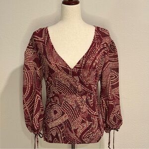 Investments Burgundy Patterned Smocked Faux Wrap Top Size S